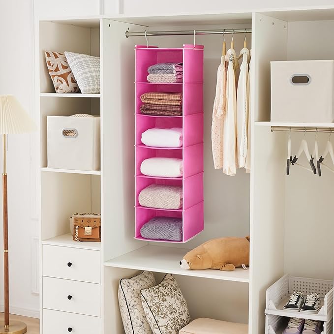 MAX Houser 6-Shelf Hanging Closet Organizer, Hanging Storage Shelves with 2 Sturdy Hooks Space-Saving for Bedroom, Foldable (Pink)-Ruum Studio Home