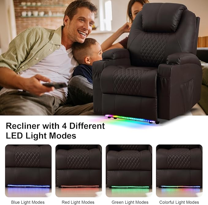 AHMED Power Recliner Chair with Vibration Massage & Heat for Adults, Faux Leather Home Theater Seating with Cup Holders/LED Lights/USB Ports/Side Pockets for Living Room, Brown-Ruum Studio Home