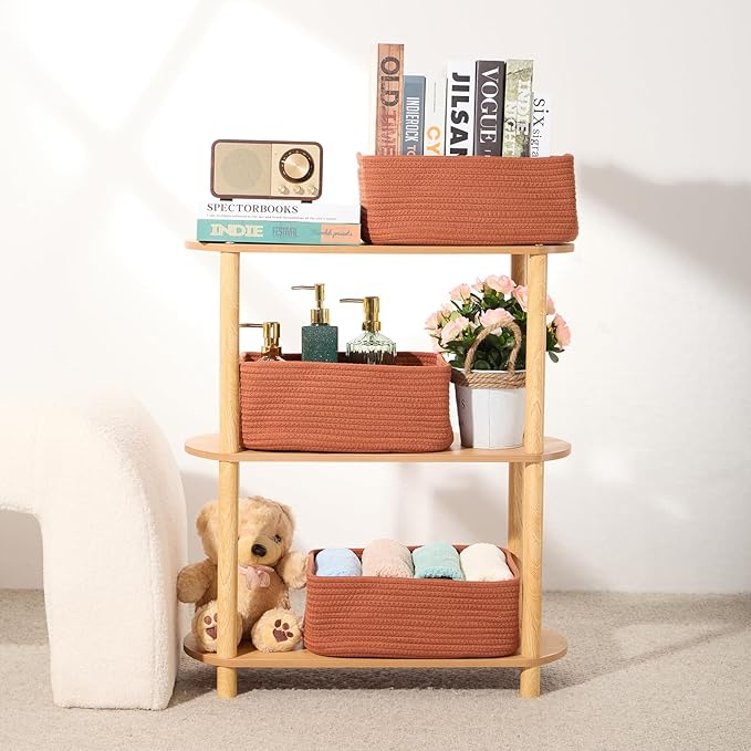 Small Storage Baskets for Organizing | Closet Organizer Bins | Shelf Toy Basket | Woven Rope Baskets | Cube Decorative Box | Shallow Basket | 13x8.5x5.1” | 3 Packs Oxide Red-Ruum Studio Home