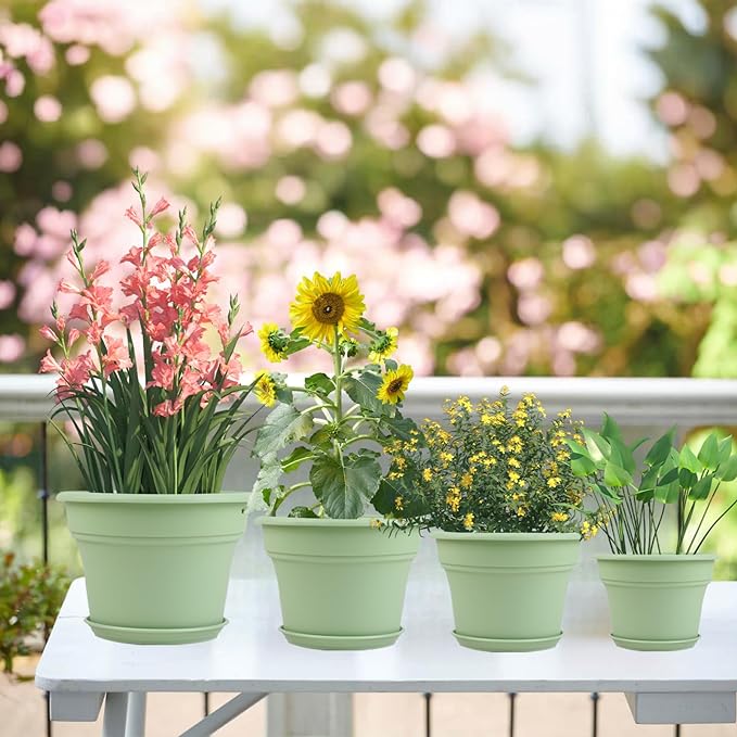 11 Inch Plastic-Flower-Pot-for-Indoor-Plants, 4 Pack Large Outdoor Planter Pot with Drainage Holes & Saucers, Resin Decorative Garden Pots Planters-Ruum Studio Home