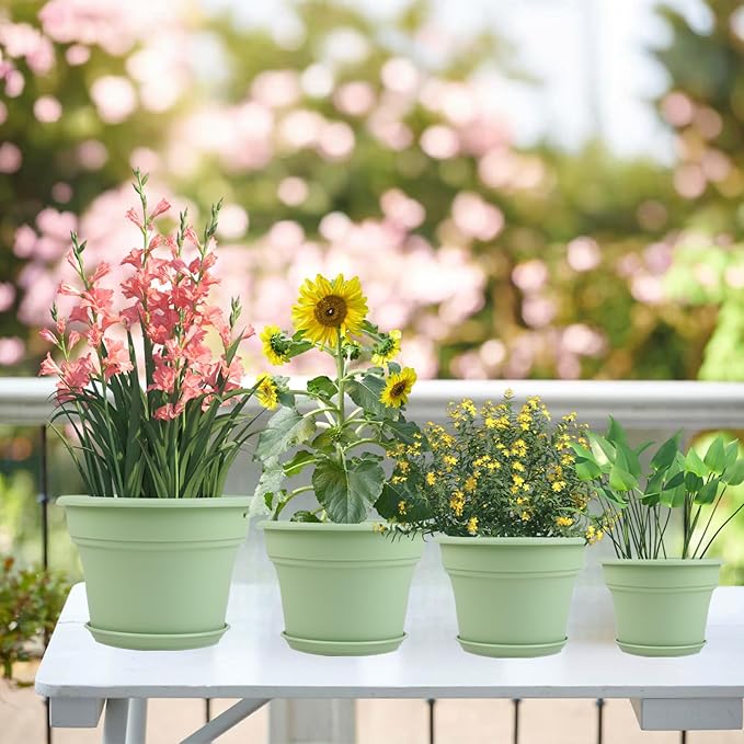 10 Inch Plastic-Flower-Pot-for-Indoor-Plants, 4 Pack Large Outdoor Planter Pot with Drainage Holes & Saucers, Resin Decorative Garden Pots Planters-Ruum Studio Home