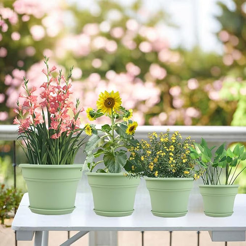 10 Inch Plastic-Flower-Pot-for-Indoor-Plants, 4 Pack Large Outdoor Planter Pot with Drainage Holes & Saucers, Resin Decorative Garden Pots Planters-Ruum Studio Home