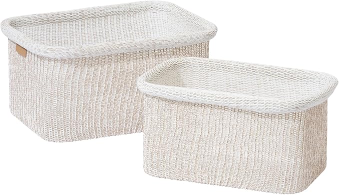La Jolie Maison Blended Fabric Storage Baskets Set of 2, Rectangle Knitted Baskets for Organizing, Boho Decorative Baskets, Durable Finish, Oatmeal-Ruum Studio Home