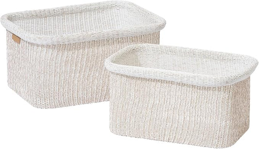 La Jolie Maison Blended Fabric Storage Baskets Set of 2, Rectangle Knitted Baskets for Organizing, Boho Decorative Baskets, Durable Finish, Oatmeal-Ruum Studio Home