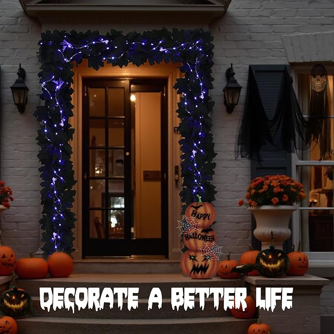 Joyhalo 2 Pack Halloween Garland with Lights, Black Maple Leaves Lighted Garland for Mantle, 5.7FT Light Up Leaf Autumn Vines Outdoor for Door Frame, Fireplace and Thanksgiving Fall Decor-Ruum Studio Home