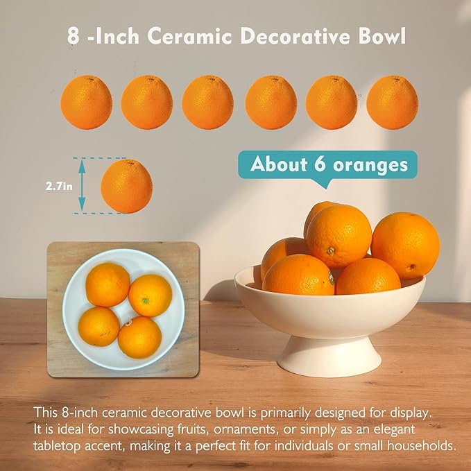 White Pedestal Decorative Bowl - 8" Minimalist Decorative Fruit Bowl for Kitchen Counter, Entryway,Multi-Purpose Centerpiece bowl for Bread, Snacks, Candy, Perfect for Housewarming &Wedding Gift-Ruum Studio Home