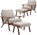 chairus 2 Sets Mid-Century Modern Accent Chairs with Ottoman, Linen Fabric Armchair with Wood Legs Comfy Upholstered Single Sofa Chair for Living Room/Bedroom/Lounge, Beige-Ruum Studio Home