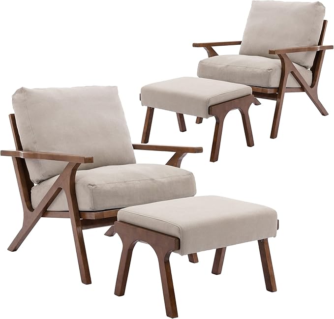 chairus 2 Sets Mid-Century Modern Accent Chairs with Ottoman, Linen Fabric Armchair with Wood Legs Comfy Upholstered Single Sofa Chair for Living Room/Bedroom/Lounge, Beige-Ruum Studio Home