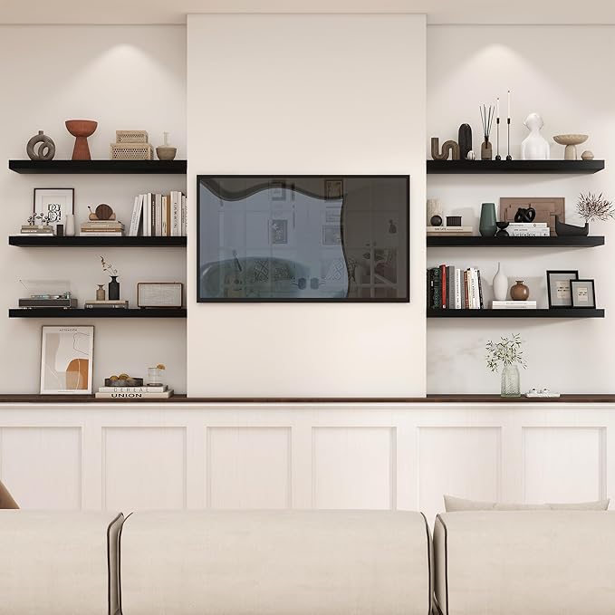 Heimlove 36 Inch Black Floating Shelves for Wall,10 Inch Deep Wood Shelves with Invisible Brackets,Wall Mounted Storage & Display Shelves for Bedroom,Living Room,Kitchen,Office-Ruum Studio Home