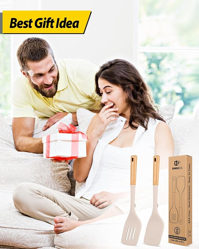 Pack of 2 Large Silicone Spatula, Heat Resistant Solid Turner, Non Stick Slotted Spatulas with Wooden Handle, Ideal Kitchen Utensils for Flipping, Pancakes, Eggs, Fish(KHAKI)-Ruum Studio Home