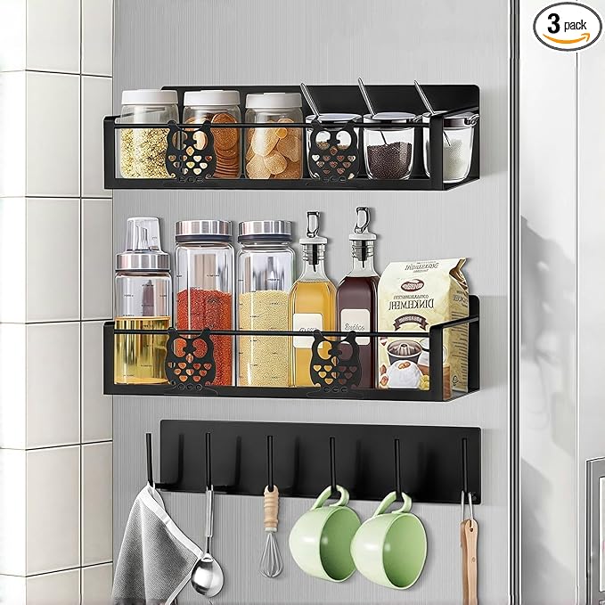3 Pack Moveable No Drilling Heavy Magnet Spice Rack for Refrigerator Organizers and Storage,Space Saving Kitchen Organization with Magnetic Hooks,Owl Kitchen & Home Decor(Black)-Ruum Studio Home
