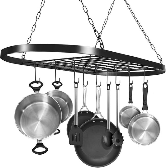 Sorbus® Pot and Pan Rack for Ceiling with Hooks — Decorative Oval Mounted Storage Rack — Multi-Purpose Organizer for Home, Restaurant, Kitchen Cookware, Utensils, Books, Household (Hanging Black)-Ruum Studio Home