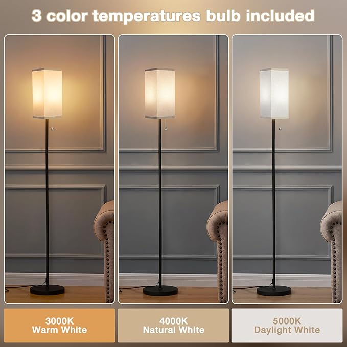 Ambimall Floor Lamp with 3 Color Temperatures Bulb & Pull Chain Switch, 64" Standing lamp, Beige Square Shade & Black Pole-Ruum Studio Home