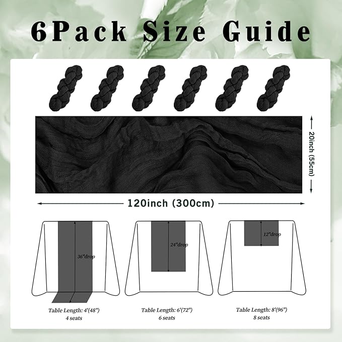10FT 6 Pack Black Cheesecloth Table Runner 20 x 120 Inch Long Boho Fabric Rustic Cheese Cloth Table Runner for Wedding Bridal Shower Baby Shower Gauze Sheer Birthday Party Table Decorations-Ruum Studio Home