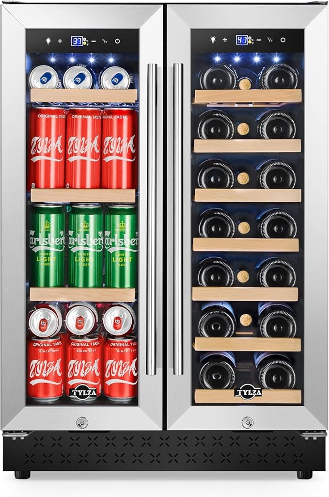 Tylza Upgraded Wine and Beverage Refrigerator 24 Inch, Dual Zone Wine Beverage Cooler with French Door, Under Counter Wine Beer Fridge Built-In or Freestanding, Holds 20 Bottles and 88 Cans, Low Noise-Ruum Studio Home