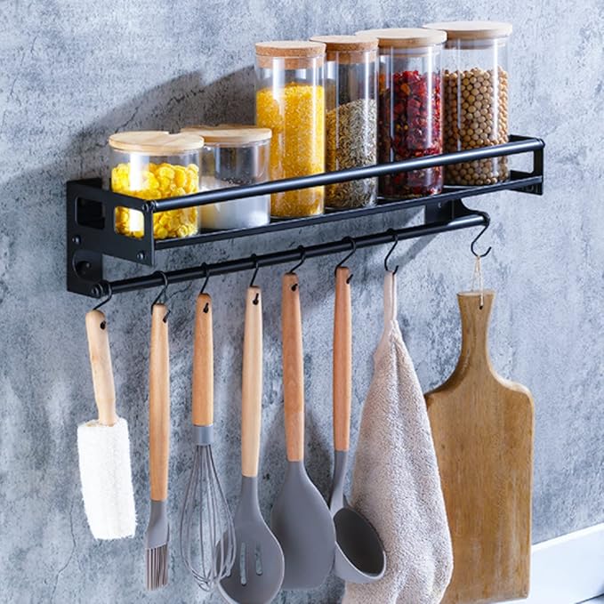 Wall Mount Storage Holder，Stainless Steel Strong Shelf with 6 Removable Hooks, Spice Rack Organizer，Kitchen Organizer Shelf, Space Saving Spice Rack and Kitchen Storage (black)-Ruum Studio Home