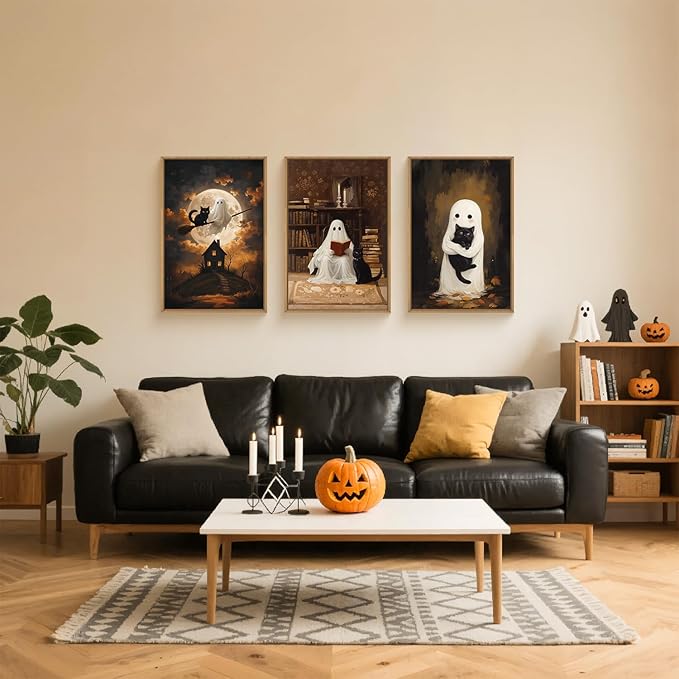 HPNIUB Halloween Ghost Framed Canvas Wall Art Set, Funny Black Cat Poster Artwork, Vintage Spooky Wall Decor, Dark Academia Moon Pictures for Bedroom Living Room Bathroom-16 x24 x3-Ruum Studio Home