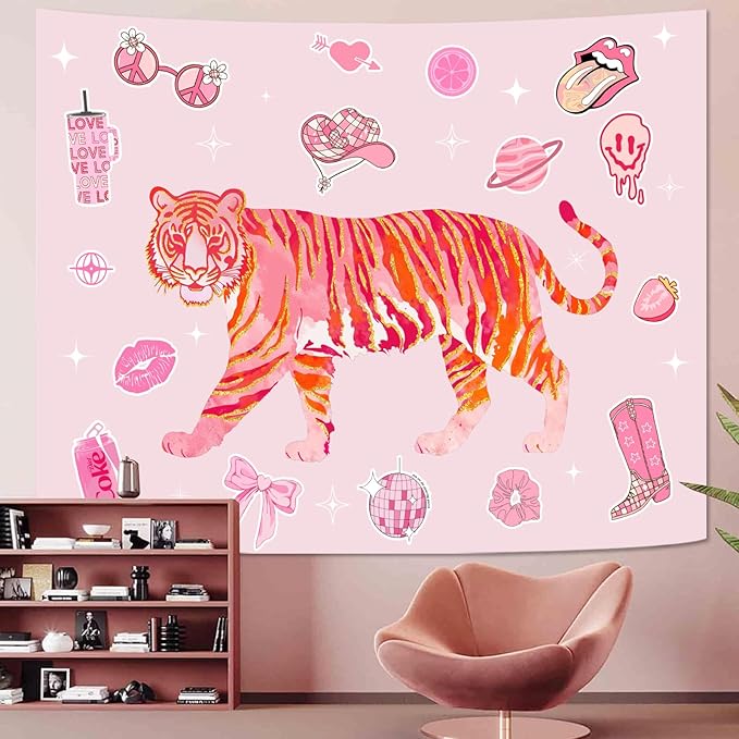 Lunerfex Y2K Tapestry Pink Tiger Wall Tapestry, Cute Tapestries for Bedroom Funny Tapestries Wall Hanging for Bedroom Living Room Decor Pink-3 44"x60"-Ruum Studio Home