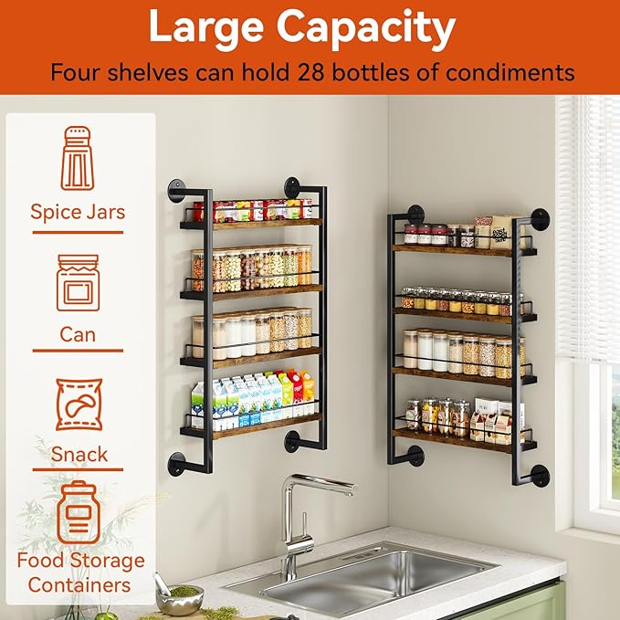 IBUYKE Spice Rack Wall Mount,4 Tier Hanging Seasoning Organizer,Large Spice Rack for Wall for up to 50 Jars,Spice Organization for Kitchen Cabinet,Bathroom,Pantry,Living Room,Brown TLJ016H-Ruum Studio Home