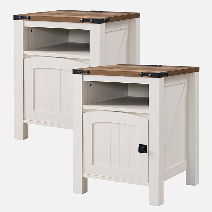 OKD Nightstand with Charging Station Set of 2, 18 Inchs Farmhouse End Table with Adjustable Storage Shelf, Rustic Wood Sofa Side Table for Bedroom-Ruum Studio Home