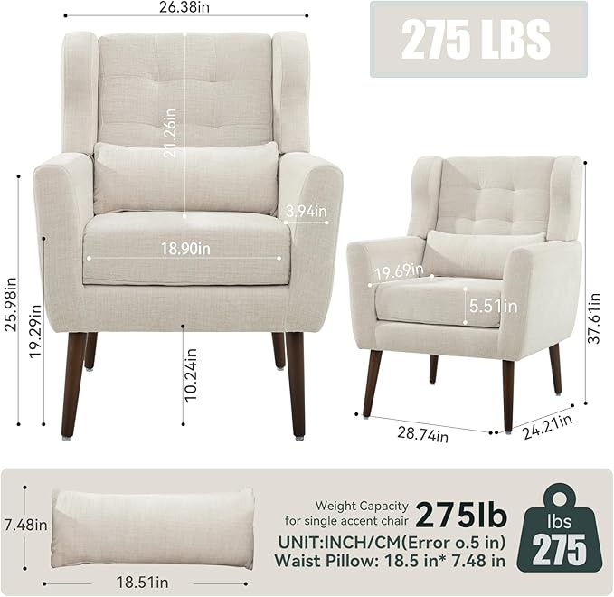 Modern Accent Chair, Upholstered Armchair with Pillow, Fabric Single Sofa Chair with Lounge Seat and Wood Legs Accent Chair for Living Room Bedroom Small Spaces (Beige, Set of 2)-Ruum Studio Home