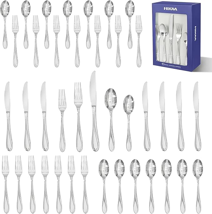 HIKAA Wave Design Silverware Gift Set for Wedding, 40-Piece Artistic Stainless Steel Flatware in Gift Box, Fibonacci Pattern Cutlery Set Service for 8, Mirror Polished-Ruum Studio Home