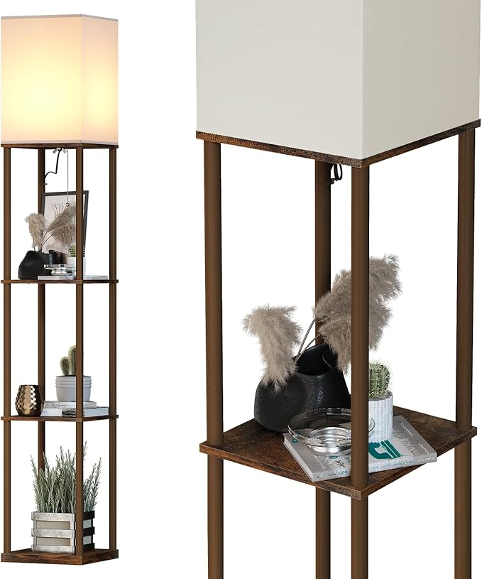 SUNMORY Floor Lamp with Shelves, Modern Square Standing Lamp with 3 Color Temperature Bulb, Corner Display Bookshelf Lamp for Living Room and Bedroom (Rustic Brown)-Ruum Studio Home
