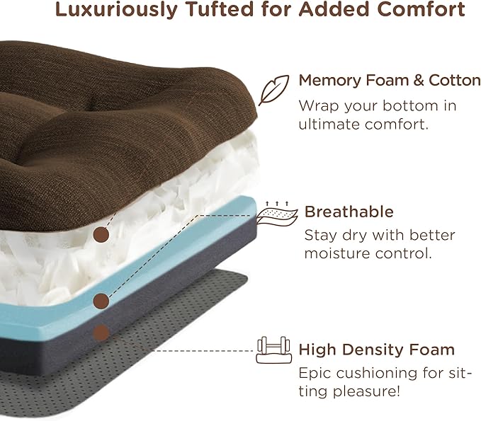 Codi Dining Chair Cushions 2 Pack, Thick Chairs Pads for Indoor Kitchen Room - Washable, Non-Slip Memory Foam Seat Cushion with Ties, 16.5"x16.5"x 3.5", Set of 2, Brown-Ruum Studio Home