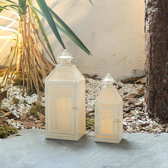 NEEDOMO 2Pack Outdoor Lantern, 16" Large White Candle Lanterns Decorative Indoor, Metal Frame with Glass, Vintage Farmhouse Lantern Decor for Front Porch, Garden, Patio, Pathway, Balcony,Yard-Ruum Studio Home