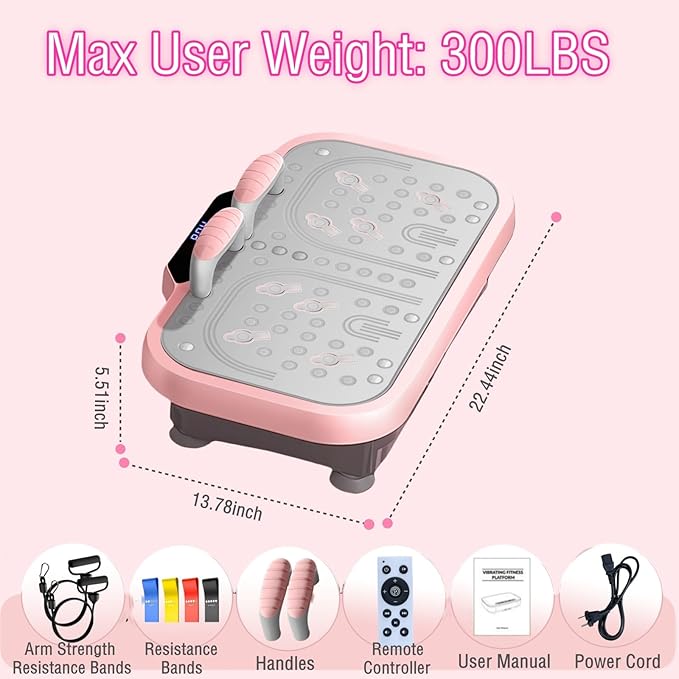 Vibration Plate Exercise Machine, Vibrating Fitness Platform Whole Body Shake Board Workout Equipment Fat Burner Vibrate Stand with Bluetooth Resistance Bands for Women Men Home Sport Gym-Pink-Ruum Studio Home