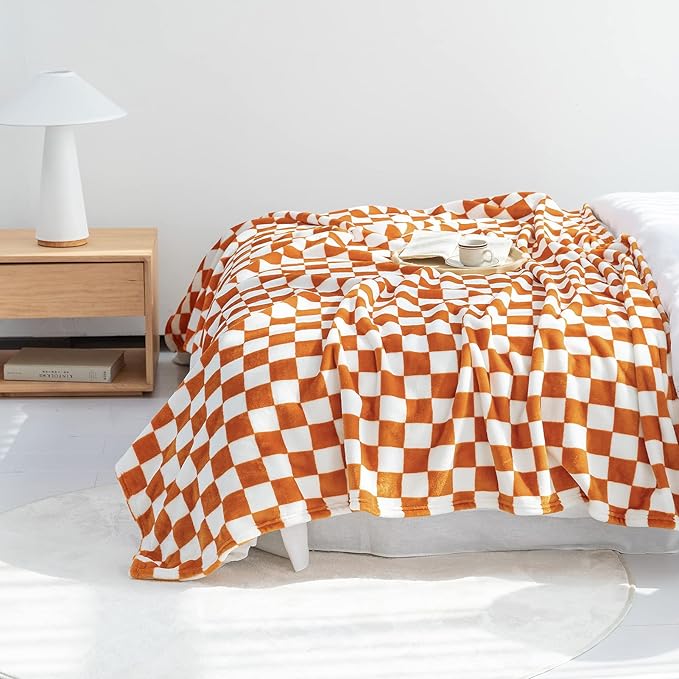 LOMAO Throw Blankets Flannel Blanket with Checkerboard Grid Pattern Soft Throw Blanket for Couch, Bed, Sofa Luxurious Warm and Cozy for All Seasons (Orange, 90"x110")-Ruum Studio Home