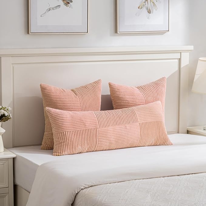Fancy Homi Set of 2 Peach Boho Long Lumbar Body Decorative Throw Pillow Cover 14x36 Inch for Bed Couch Bedroom Bench, Soft Patchwork Corduroy Textured Pillow Case, Rustic Farmhouse Room Décor-Ruum Studio Home