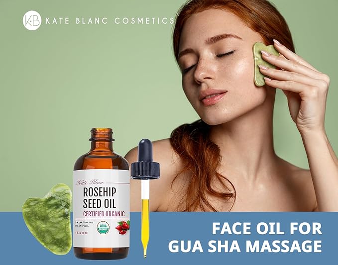 Kate Blanc Cosmetics Rosehip Oil for Face with Jade Gua Sha Stone (1oz, Organic, Pure, Cold Pressed) Rosehip Seed Face Oil for Gua Sha Massage-Ruum Studio Home