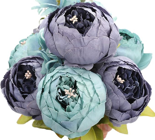 Duovlo Fake Flowers Vintage Artificial Peony Silk Flowers Wedding Home Decoration,Pack of 1 (New Grey Blue)-Ruum Studio Home