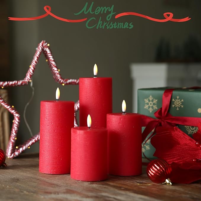 LUSHABOR Flameless Candles, 4 Pack Battery Operated Candles with Remote, Real Wax LED Fake Candles with Timer Flickering for Christmas Wedding Home Party D3 H 5" 6" 7" 9" Red-Ruum Studio Home