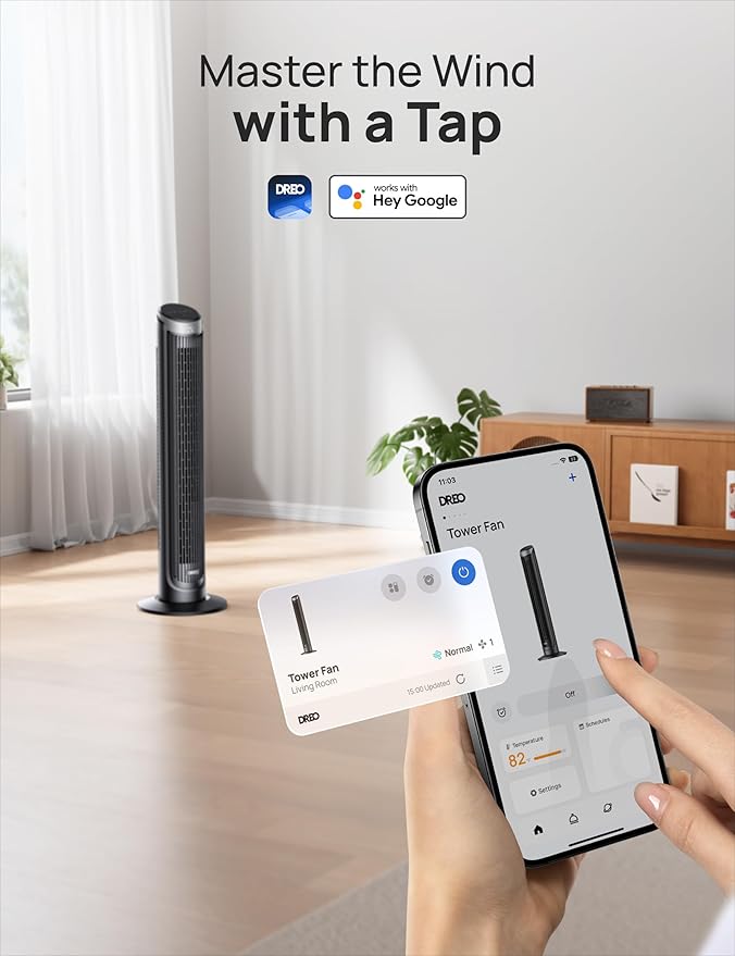 Dreo Smart Tower Fan for Bedroom, 90° Oscillating 40" Standing Fan, 26ft/s High-Speed 5 Speeds 4 Modes, Quiet Room Floor Fans, Touch/Remote/APP & Voice Control, Work with Alexa, 12H Timer, Silver-Ruum Studio Home