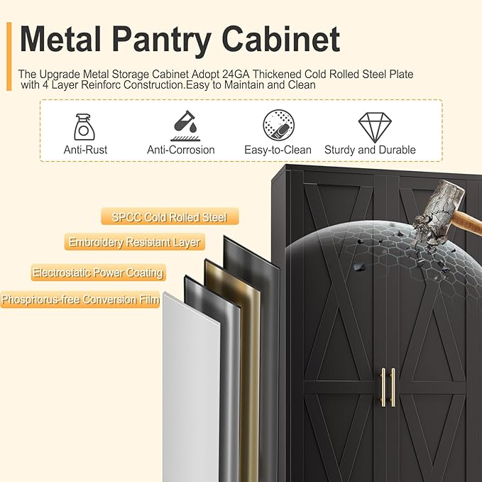 61" H Metal Kitchen Pantry Storage Cabinet, Freestanding Cupboard with 2 Doors and 3 Adjustable Shelves, Standing Storage for Kitchen, Bathroom, Garage, Dinning Room or Utility Room（Black）-Ruum Studio Home