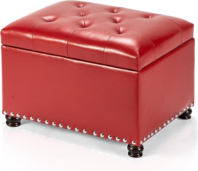 Joveco Leather Storage Ottoman, 24" Rectangle Square Bench Foot Rest Stool for Bedroom Living Room, Red-Ruum Studio Home