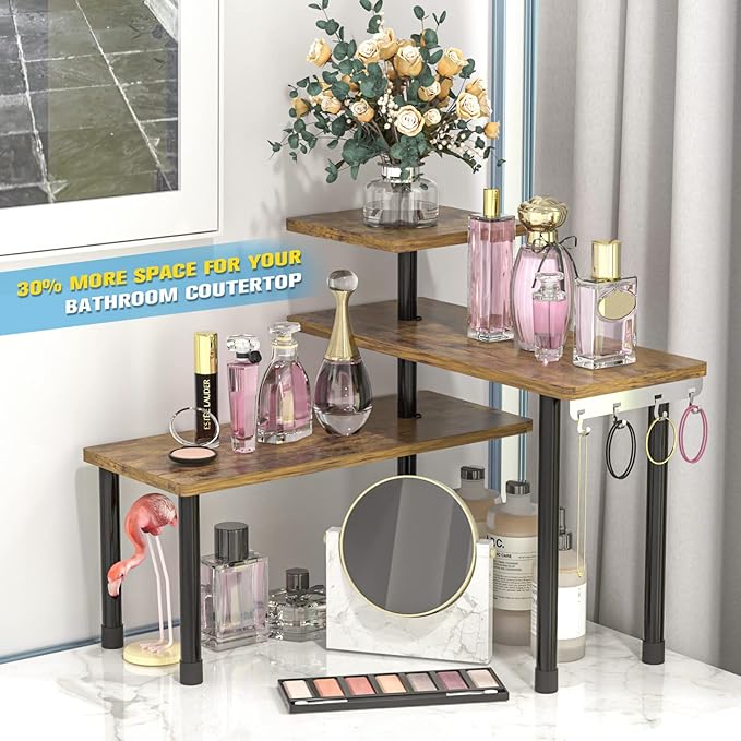 JayRex Countertop Organizer Organization, 3 Tier Moveable Corner Shelf Organizer for Kitchen, Bathroom, Spice Rack, Coffee Area, Over Sink, Dresser Table (Rustic Brown)-Ruum Studio Home