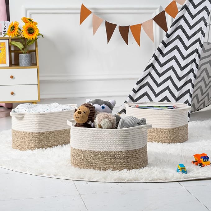 Cotton Rope Woven Storage Basket, Used for Baby Hamper Toy Organizer, Gift Baskets Empty,Kids Laundry Basket,Baby Blanket Basket. Size 15x10x8.7 Inches. (White&Brown-3PCS)-Ruum Studio Home