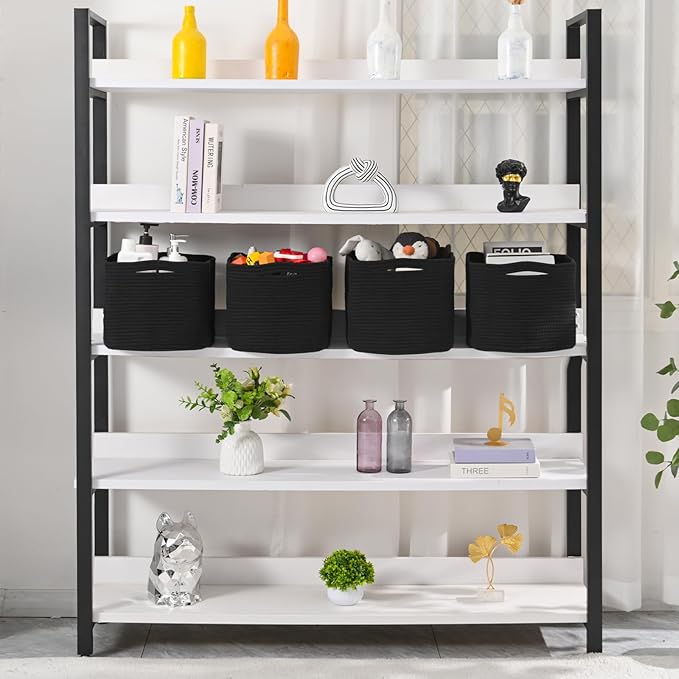 Storage Baskets for Organizing & Shelves, Woven Cotton Rope Organization Bins for Dog Toys, Clothes, Books, Nursery Organizer, 15" Lx11''Wx9.5''H, (4 Packs) Black-Ruum Studio Home
