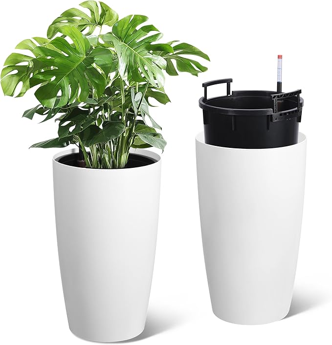 22" Tall Round Planter Set of 2, Self Watering Pots for Indoor Plants, Large Flower Pot Outdoor with Built-in Drainage and a Water Level Monitor, for Patio, Porch, Living Room, or Home Office, White-Ruum Studio Home