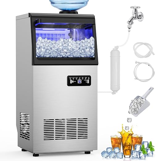 Commercial Ice Maker Machine 130 LBS/24H, 45 Ice Trays Freestanding & Undercounter Ice Machine Stainless Steel with 20 LBS Ice Storage Capacity, Ice Maker with Water Line and Filter, Dual Water Inlet-Ruum Studio Home