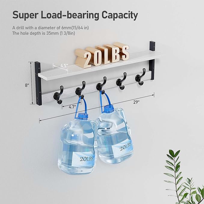 Tatub 29" Coat Rack Wall Mount with Shelf, Entryway Wall Hooks with Shelf, Coat Hangers for Bathroom, Living Room, Bedroom, Rustic White-Ruum Studio Home