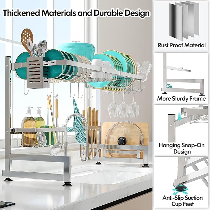 MAJALiS Over Sink Dish Drainer Drying Rack, 2 Tier Stainless Steel Dish Rack Over Sink Sink Length Adjustable (33.5-40 in), Expandable Drainer Shelf Rack with Multifunctional Organizers, Sliver-Ruum Studio Home