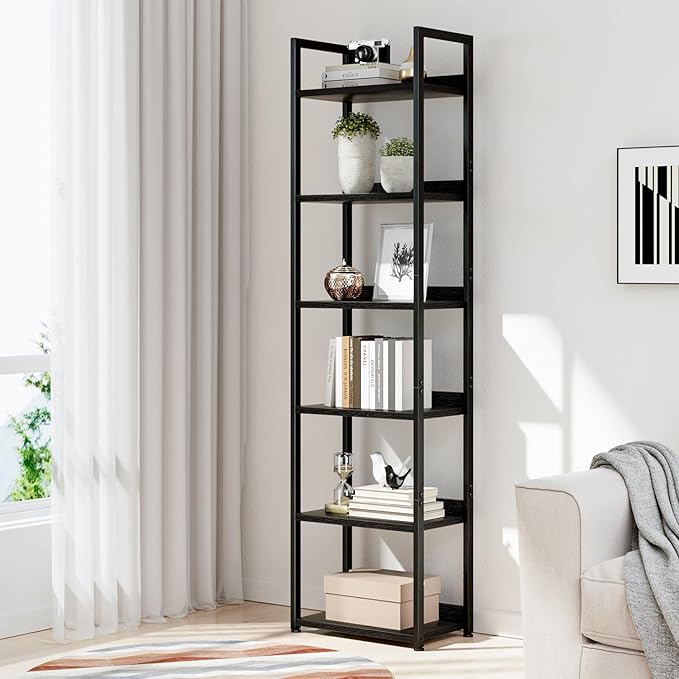 NUMENN Narrow Bookshelf, 6 Tier Bookshelves, Home Office Bookcase Shelf Storage Organizer, Free Standing Storage Shelving Unit for Bedroom, Living Room and Home Office, Black-Ruum Studio Home