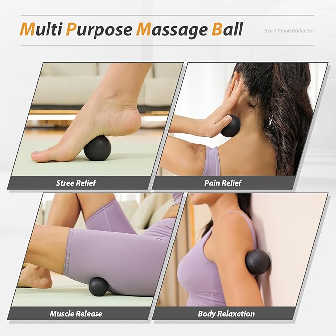 5 in1 Foam Roller Set, Trigger Point Foam Roller, Massage Roller Stick, Massage Ball, Resistance Band for Deep Muscle Massage Pilates Yoga,Fitness Exercise for Whole Body (Pure Black)-Ruum Studio Home