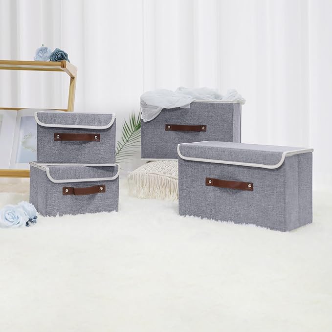 ANMINY 4PCS Storage Bins with Lid PU Leather Handles Storage Boxes PP Plastic Board Decorative Foldable Lidded Cotton Linen Fabric Home Cubes Baskets Closet Organizer Containers - Gray, Large Size-Ruum Studio Home