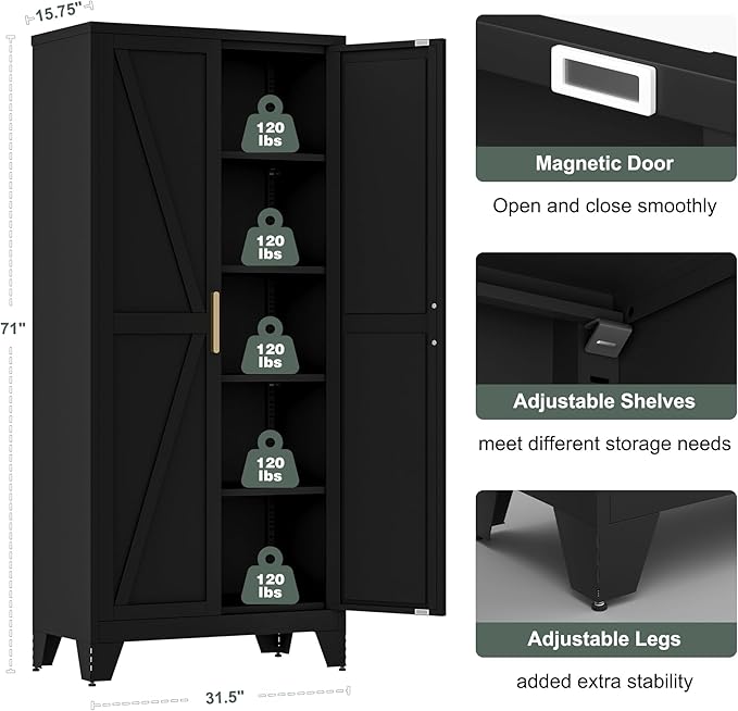 71'' Farmhouse Metal Storage Cabinet with Barn Doors,Steel File Cabinet for Home Office,Kitchen Pantry 4 Adjustable Shelves,Freestanding Cupboard for Kitchen,Home Office (Black)-Ruum Studio Home
