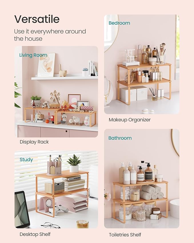 SONGMICS Cabinet Organizer Shelf, Set of 2 Kitchen Counter Shelves, Kitchen Storage, Spice Rack, Stackable, Expandable, Metal and Engineered Wood, Apricot UKCS200Y01-Ruum Studio Home